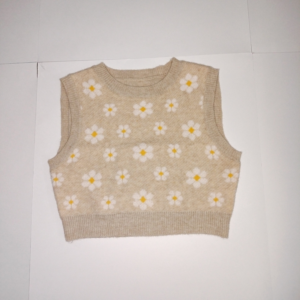 Floral Beige Sleeveless Knit Top